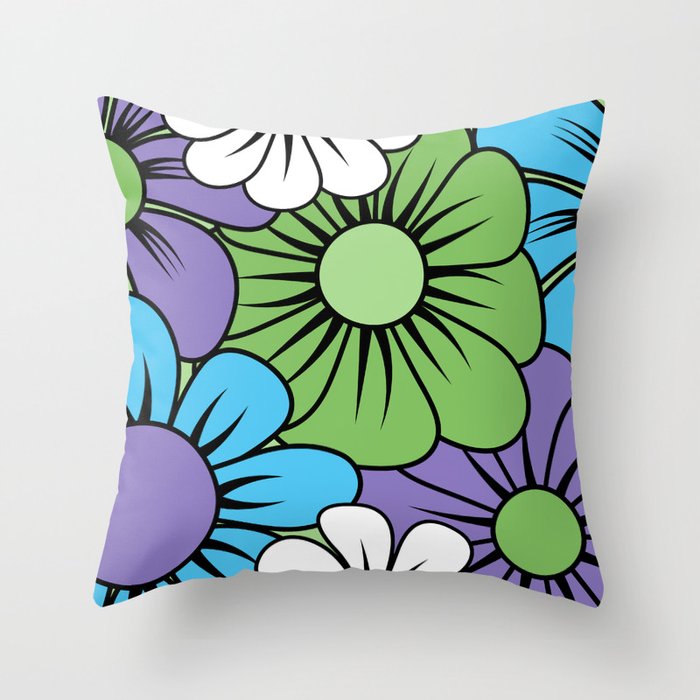 70s Retro Floral Quatrefoil Hawaiian Pattern // Purple, Turquoise, Green, Black and White Throw Pillow