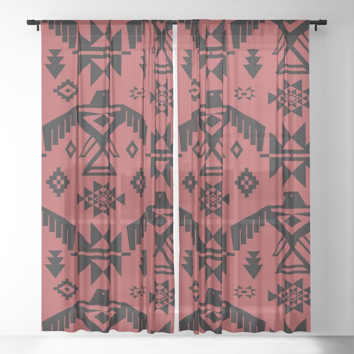 Southwestern Thunderbird Kilim In Rust Red Black Onyx Sheer Curtain By Elliottdesignfactory Society6 Rust Red Black Onyx Sheer Curtain, Rust Red Curtains