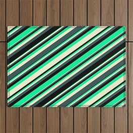 [ Thumbnail: Green, Light Yellow, Dark Slate Gray & Black Colored Lined/Striped Pattern Outdoor Rug ]