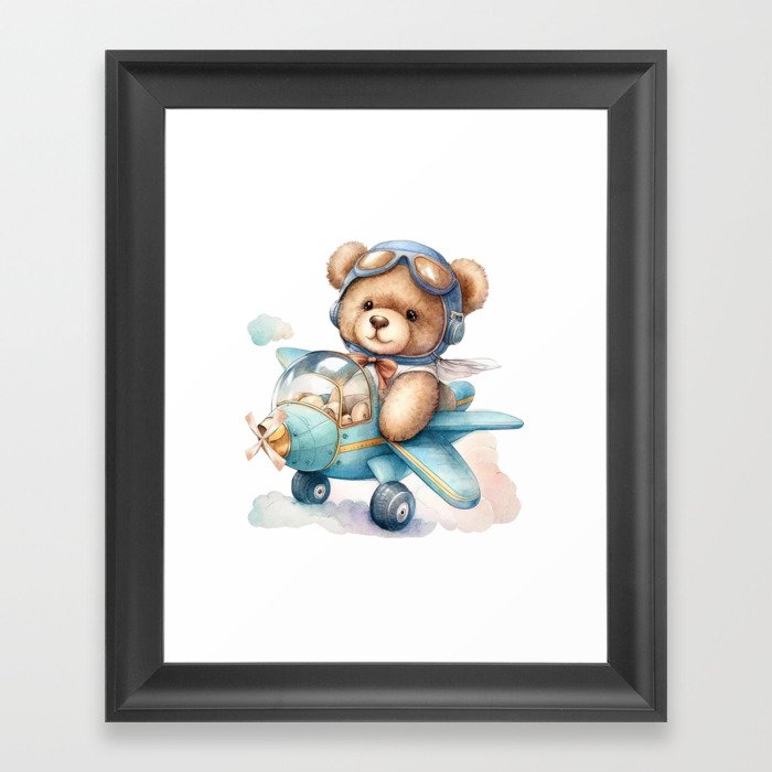 Teddy Bear in Airplane Blue Watercolor Print Framed Art Print