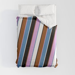[ Thumbnail: Vibrant Brown, Plum, Blue, White, and Black Colored Lined/Striped Pattern Duvet Cover ]