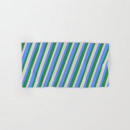 [ Thumbnail: Cornflower Blue, Sea Green, and Light Grey Colored Lines/Stripes Pattern Hand & Bath Towel ]
