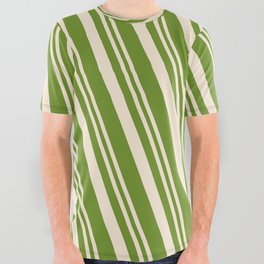 [ Thumbnail: Beige & Green Colored Lines Pattern All Over Graphic Tee ]