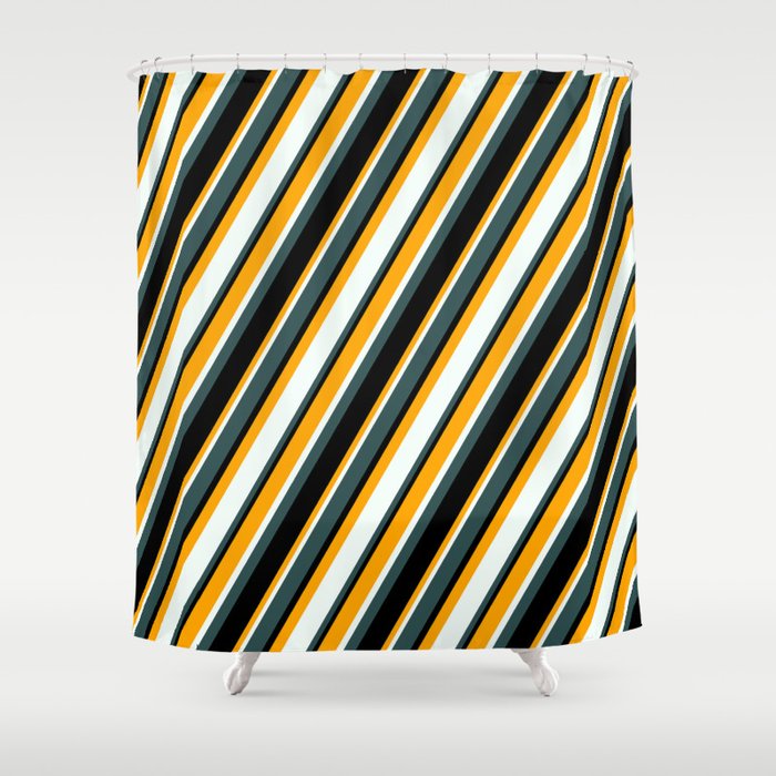 Orange, Mint Cream, Dark Slate Gray, and Black Colored Lined/Striped Pattern Shower Curtain