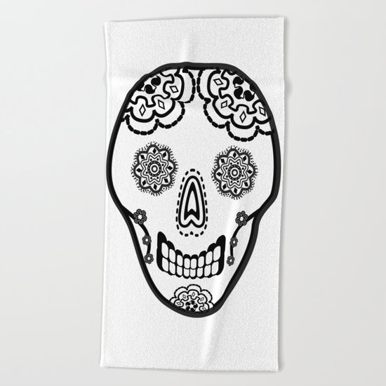 Black and White Sugar Skull (Calavera) Beach Towel