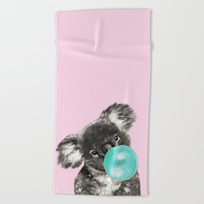 Playful Koala Bear with Bubble Gum in Pink Beach Towel