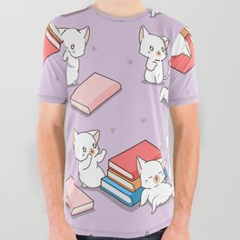 Cats and Books Pattern All Over Graphic Tee