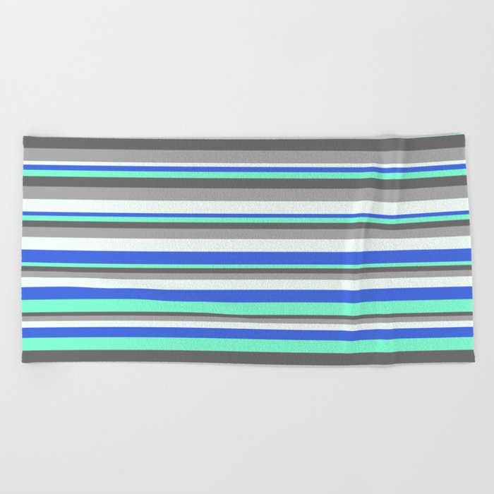 Colorful Royal Blue, Aquamarine, Dim Grey, Dark Grey & Mint Cream Colored Lined/Striped Pattern Beach Towel