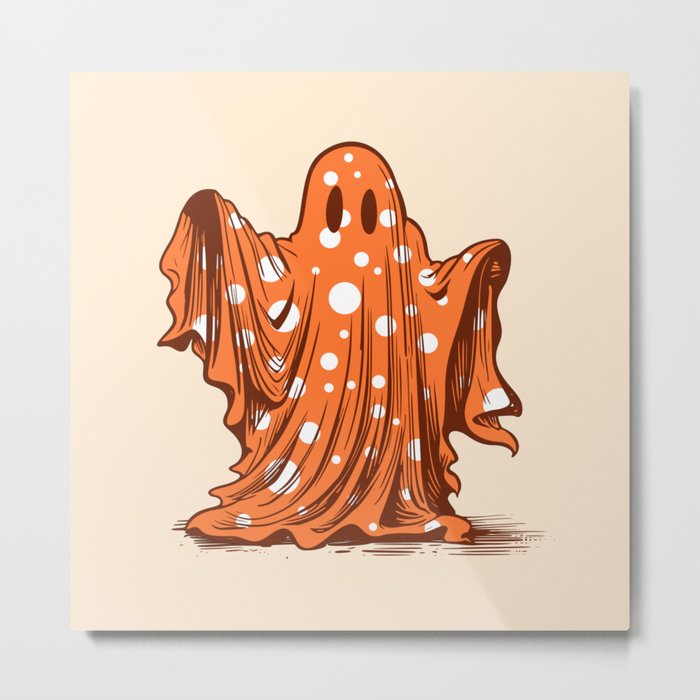 Polka Dots Ghost Haunted Halloween Orange White Metal Print