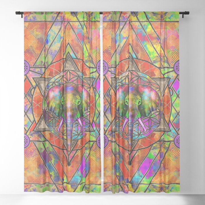 Elephant in Sacred Geometry Composition - Color Sheer Curtain