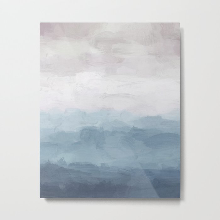 Misty Evening - White, Mauve, Navy Soft Blue Print Modern Wall Art Abstract Painting, Ocean Clouds Metal Print