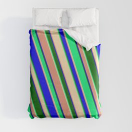 [ Thumbnail: Green, Beige, Dark Salmon, Blue & Dark Green Colored Striped/Lined Pattern Duvet Cover ]