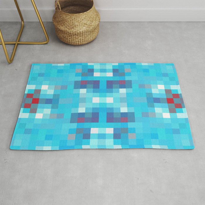 geometric symmetry art pixel square pattern abstract background in blue red Rug