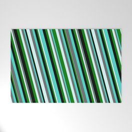 [ Thumbnail: Eyecatching Turquoise, Dim Grey, Light Cyan, Green & Black Colored Striped Pattern Welcome Mat ]