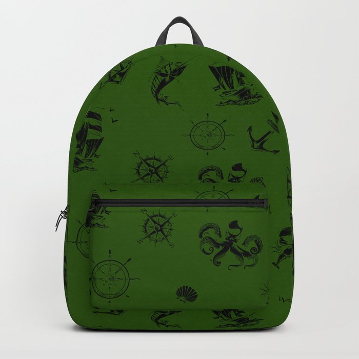 Green And Black Silhouettes Of Vintage Nautical Pattern Backpack