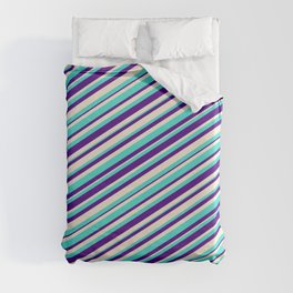 [ Thumbnail: Turquoise, Indigo, and Beige Colored Lines/Stripes Pattern Duvet Cover ]