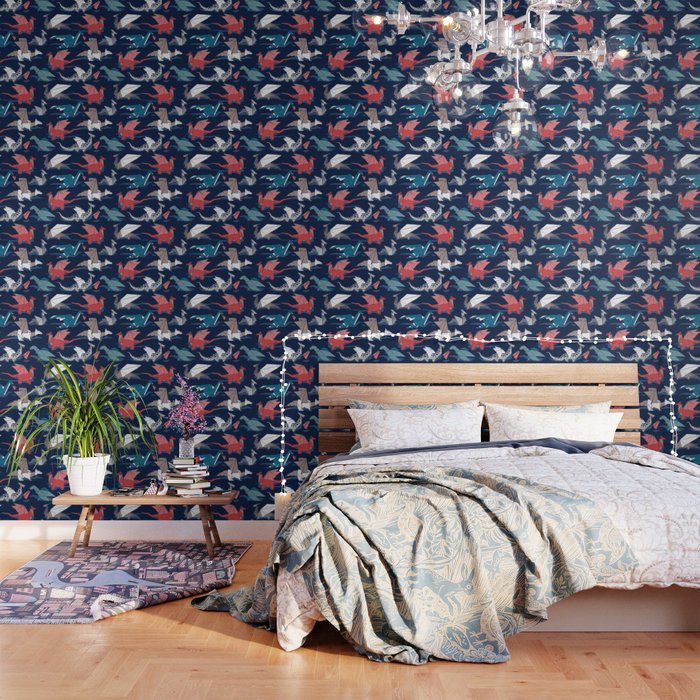 Origami dragon friends // oxford navy blue background blue red grey and taupe fantastic creatures Wallpaper