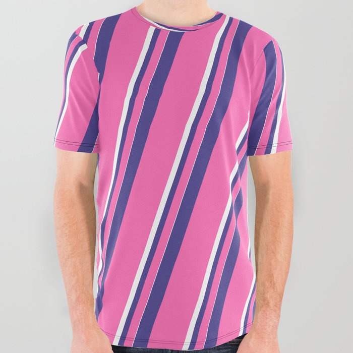 Dark Slate Blue, Hot Pink & White Colored Pattern of Stripes All Over Graphic Tee