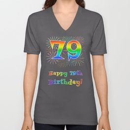 [ Thumbnail: 79th Birthday - Fun Rainbow Spectrum Gradient Pattern Text, Bursting Fireworks Inspired Background V Neck T Shirt V-Neck T-Shirt ]