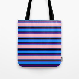 [ Thumbnail: Blue, Black, Light Pink & Indigo Colored Lines Pattern Tote Bag ]