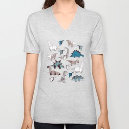 Origami dino friends // grey linen texture blue dinosaurs V Neck T Shirt