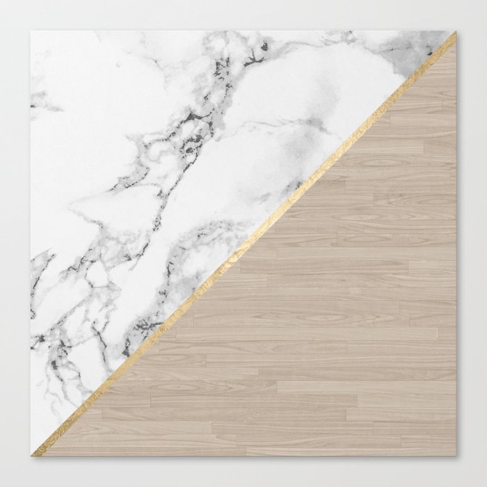 Modern white marble gold stripe wood color block Canvas Print