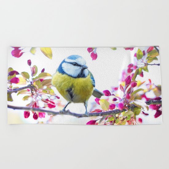 Romantic Flower Blossom with blue tit spring bird Beach Towel