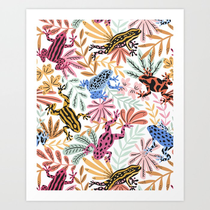 Dart frogs tropical leap party  - colorful rainforest frogs on pink, blue and orange Art Print