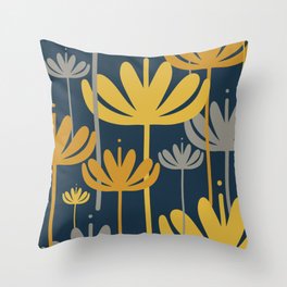 Bali Flowers Floral Pattern in Mustard, Gray, and Navy Blue Throw Pillow