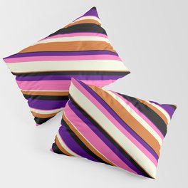 [ Thumbnail: Colorful Indigo, Hot Pink, Beige, Chocolate & Black Colored Lined Pattern Pillow Sham ]