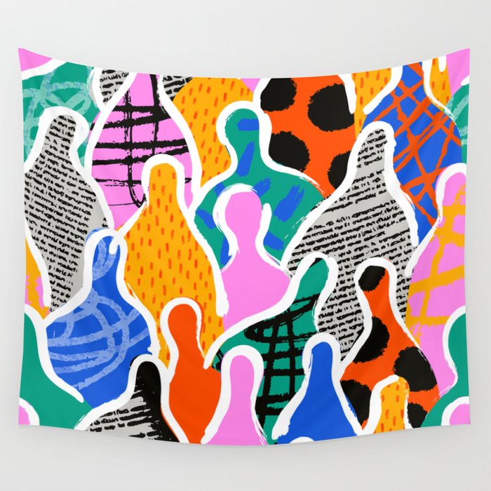 Colorful diverse people collage art pattern Wall Tapestry