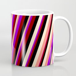 [ Thumbnail: Vibrant Dark Violet, Dark Red, Black, Bisque, and Salmon Colored Stripes Pattern Coffee Mug ]