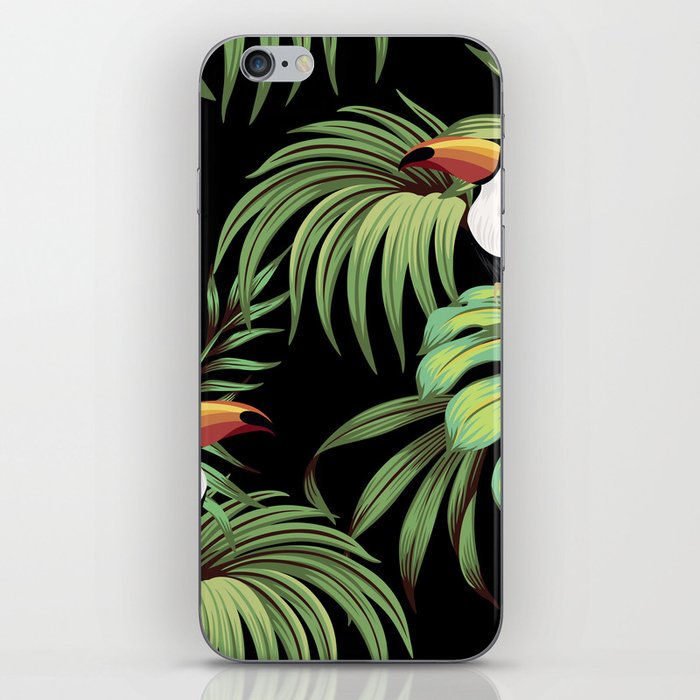 Tropical vintage toucan, palm leaves floral seamless pattern black background. Exotic jungle wallpaper.  iPhone Skin
