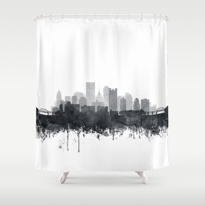 Pittsburgh Skyline Black & White Watercolor by Zouzounio Art Shower Curtain