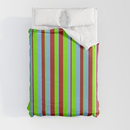 [ Thumbnail: Red, Light Sky Blue, and Chartreuse Colored Lined/Striped Pattern Duvet Cover ]