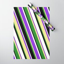 [ Thumbnail: Purple, Tan, Forest Green, Black, and White Colored Lined/Striped Pattern Wrapping Paper ]