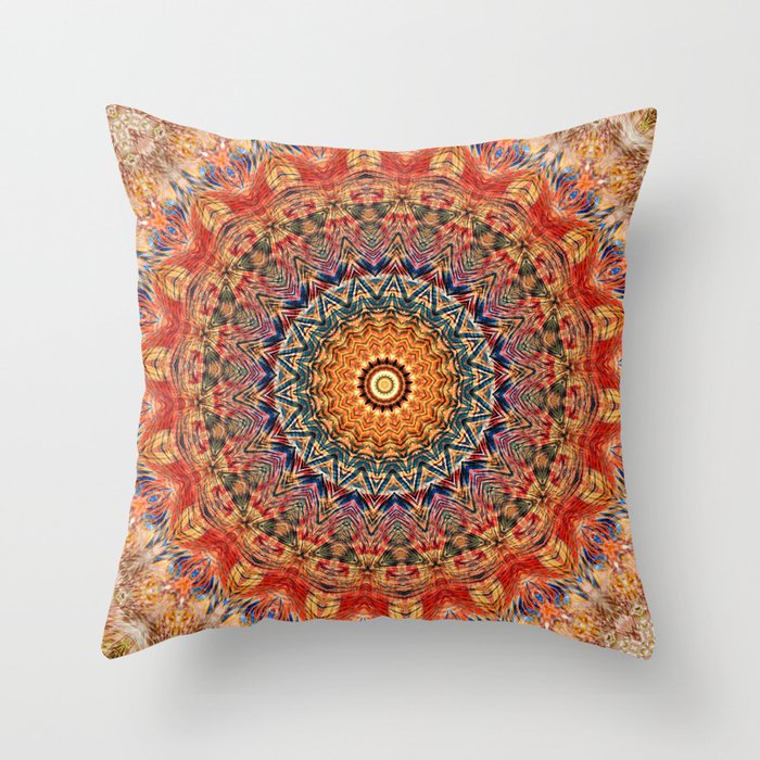 Indian Summer I - Colorful Boho Feather Mandala Throw Pillow