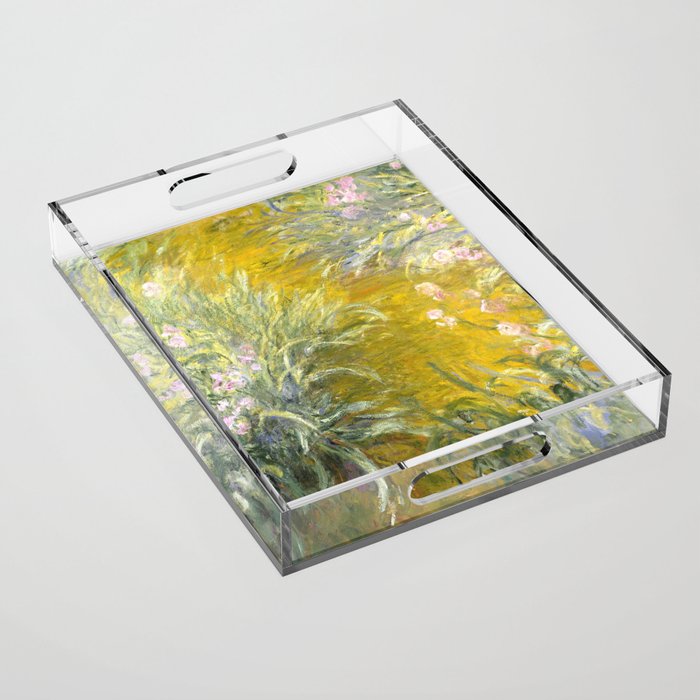 The Path through the Irises floral iris landscape painting by Claude Monet in alternate yellow Acrylic Tray