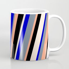 [ Thumbnail: Colorful Blue, Slate Gray, Light Salmon, Black, and Beige Colored Lined/Striped Pattern Coffee Mug ]