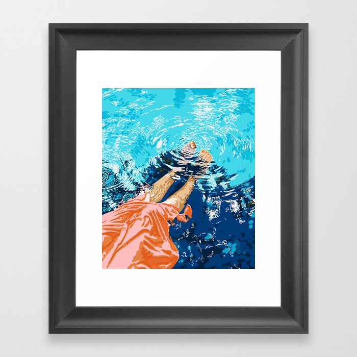 Take Me Where The Waves Kiss My Feet, Eclectic Nature River Woman Colorful Water Coral Bohemian Framed Art Print
