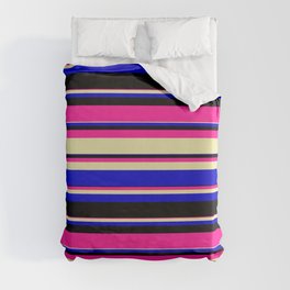 [ Thumbnail: Deep Pink, Pale Goldenrod, Blue, and Black Colored Striped/Lined Pattern Duvet Cover ]