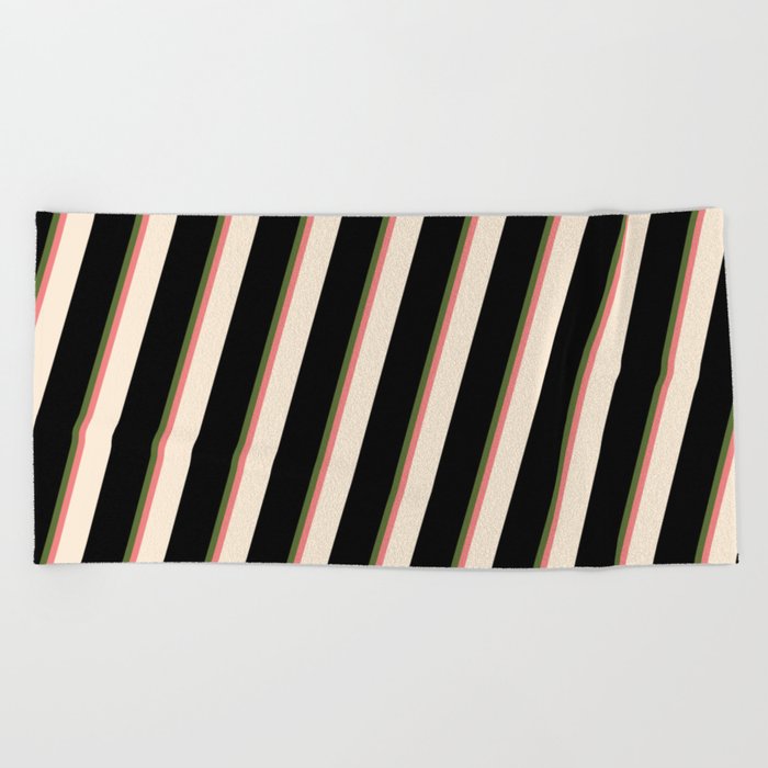 Dark Olive Green, Light Coral, Beige, and Black Colored Striped/Lined Pattern Beach Towel