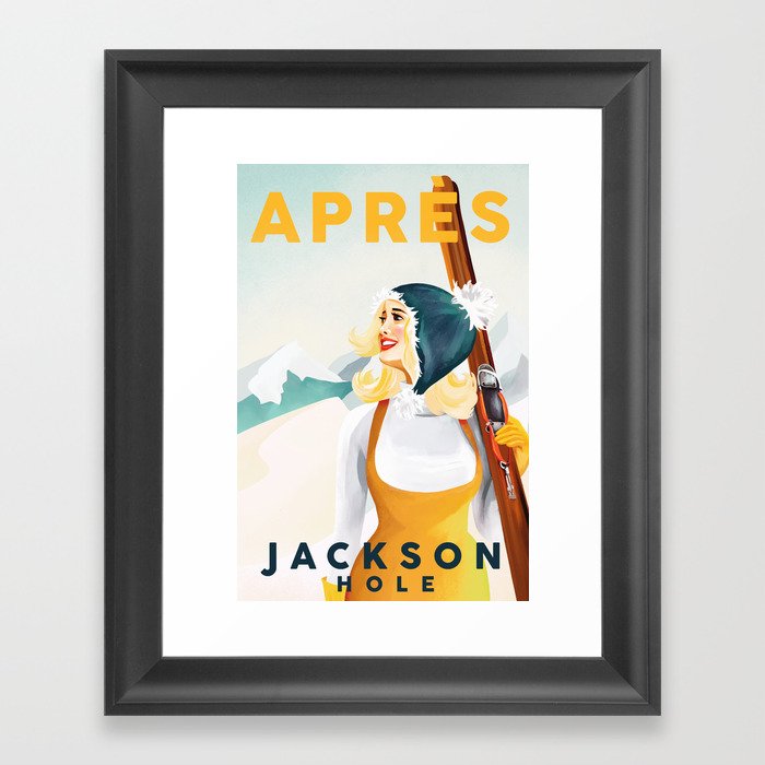 Apres Ski Jackson Hole Vintage Pinup Girl Skiing Framed Art Print