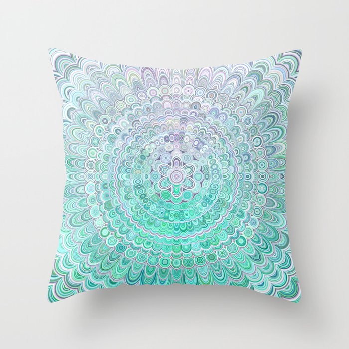 Turquoise Ice Flower Mandala Throw Pillow