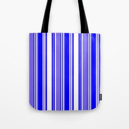 [ Thumbnail: Medium Slate Blue, White, and Blue Colored Lined/Striped Pattern Tote Bag ]