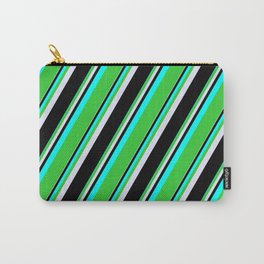 [ Thumbnail: Cyan, Lime Green, Lavender, and Black Colored Pattern of Stripes Carry-All Pouch ]