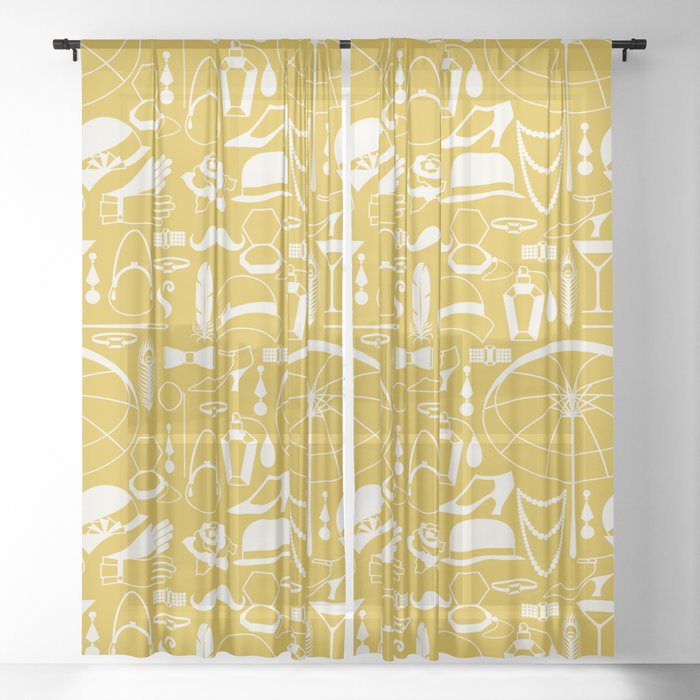 White Old-Fashioned 1920s Vintage Pattern on Mustard Yellow Sheer Curtain
