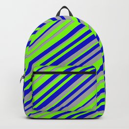 [ Thumbnail: Chartreuse, Blue, and Dark Gray Colored Lined Pattern Backpack ]