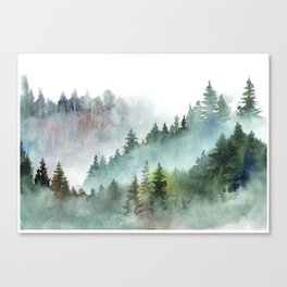 Watercolor Pine Forest Mountains in the Fog Canvas Print