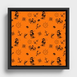 Orange And Black Silhouettes Of Vintage Nautical Pattern Framed Canvas